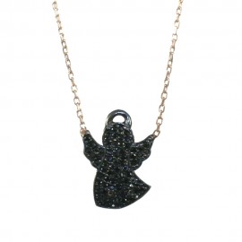 Silver necklace with angel design with rose gold plated black platinum and black spinel Chain length 40-45cm