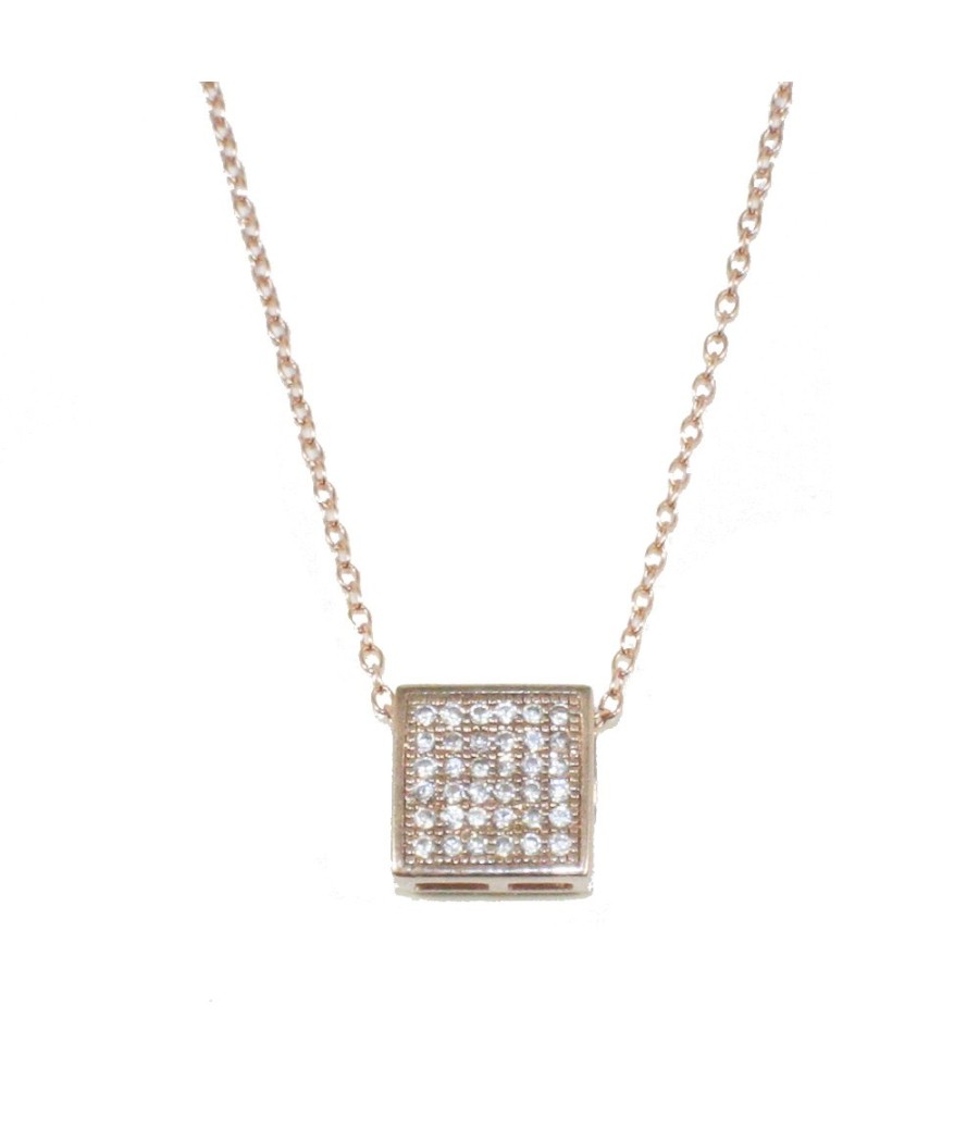 Silver necklace with square design white zircons and pink gold plated