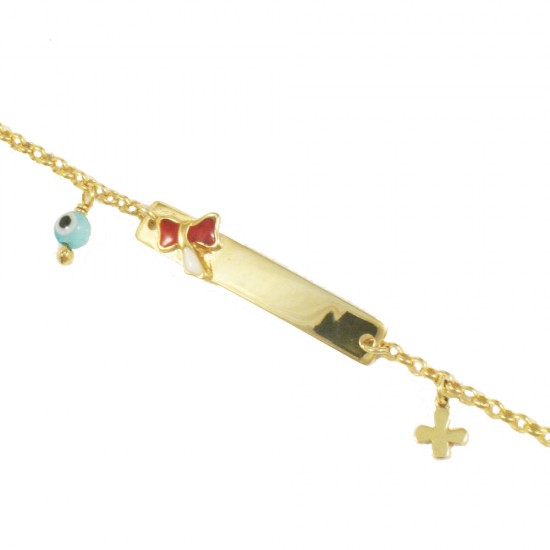 Children's silver bracelet gold-plated for baptism with bow enamel design with eyelet and Cross 