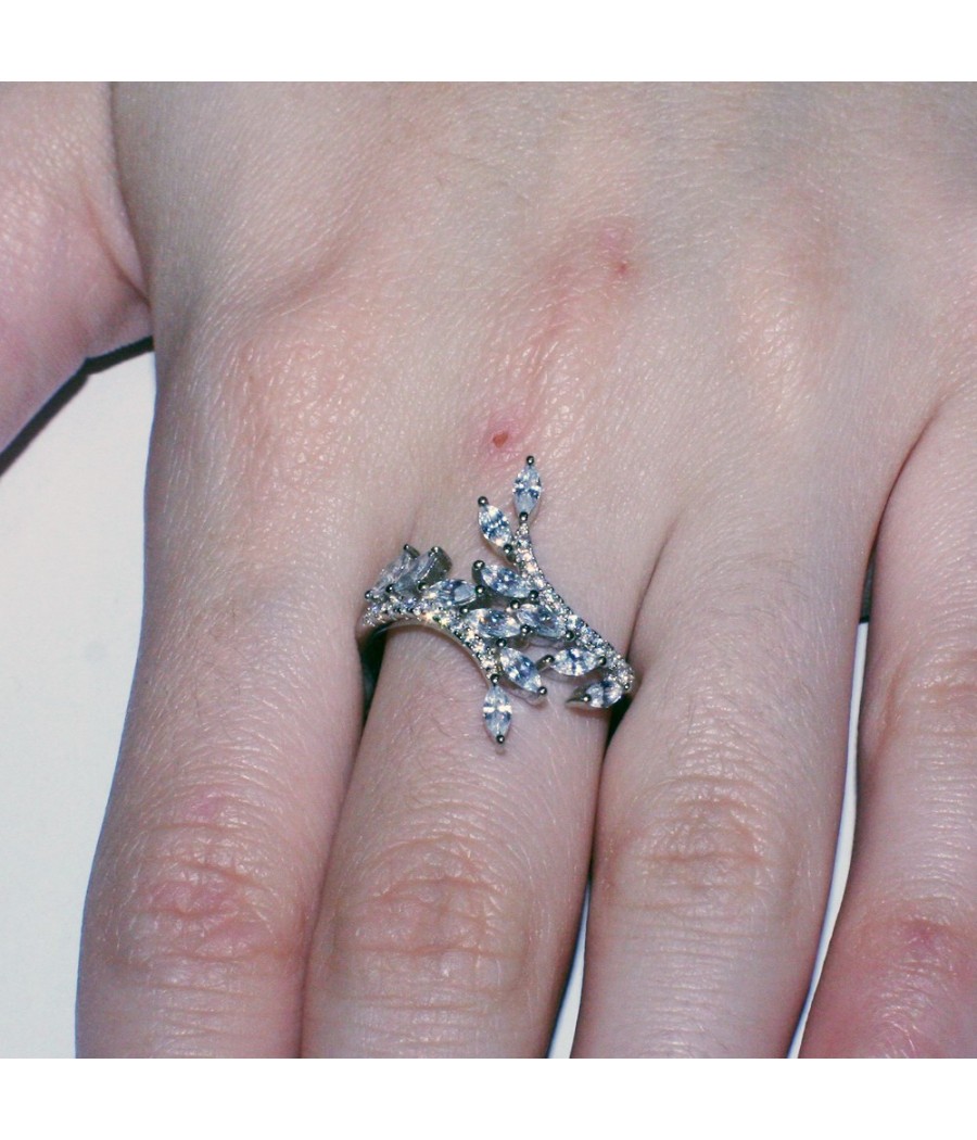 Branche d'olivier ring with European AAA quality zircon in white and silver with platinum  2811