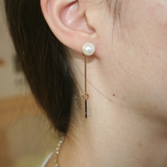 Earrings rose gold K14 with black zircons and pearls 