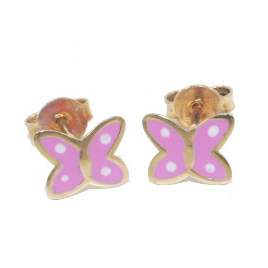 Παιδικά σκουλαρίκια ροζ χρυσό Κ9 με πεταλούδες με ροζ σμάλτο 066B