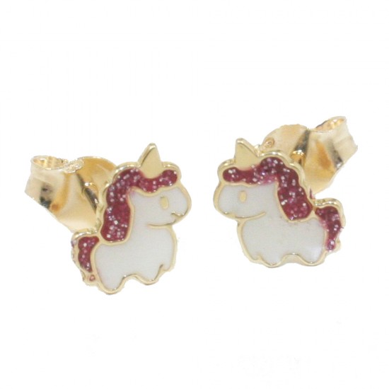 Children's earrings gold K14 with unicorn design with white and red enamel  05470
