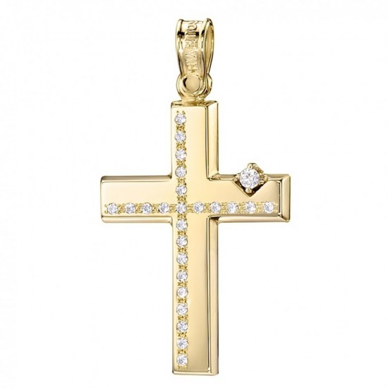 Cross K14 gold polished with white zircons for baptism  25348