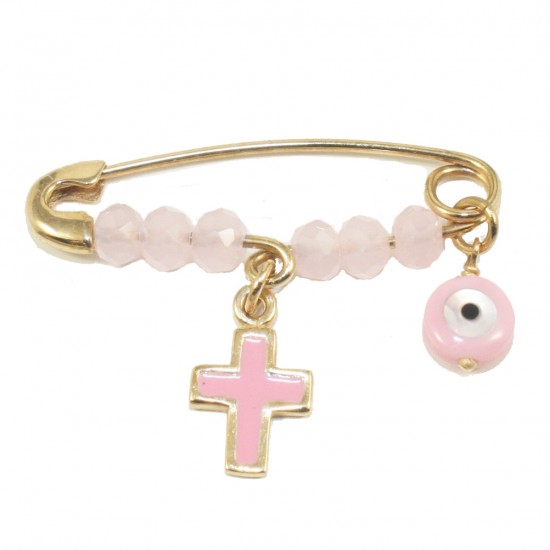 Children's nannies K14 gold with Cross and enamel eye with pink quartz for baptism 1206