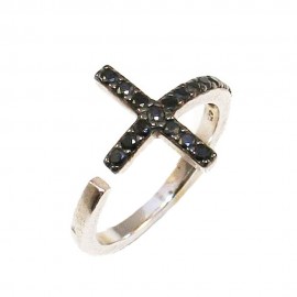 Silver cross-shaped chevalier ring with black zircons and open