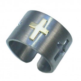 Silver ring with design Gold plated cross and black platinum satin 