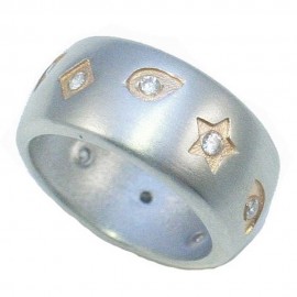Ring made of silver with star design rhombus eye with white zircons and pink gold plating 