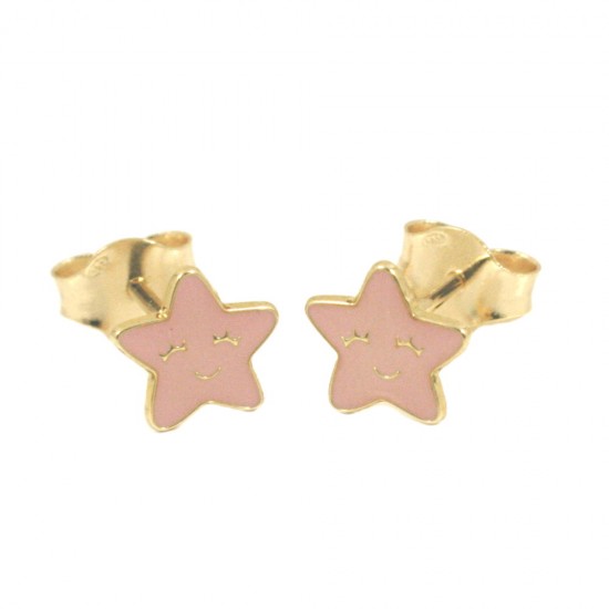 Παιδικά σκουλαρίκια σε χρυσό Κ14 με σχέδιο τα αστέρια με ροζ σμάλτο 0524