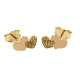 Παιδικά σκουλαρίκια σε χρυσό Κ14 με σχέδιο καρδιές με ροζ σμάλτο 0525