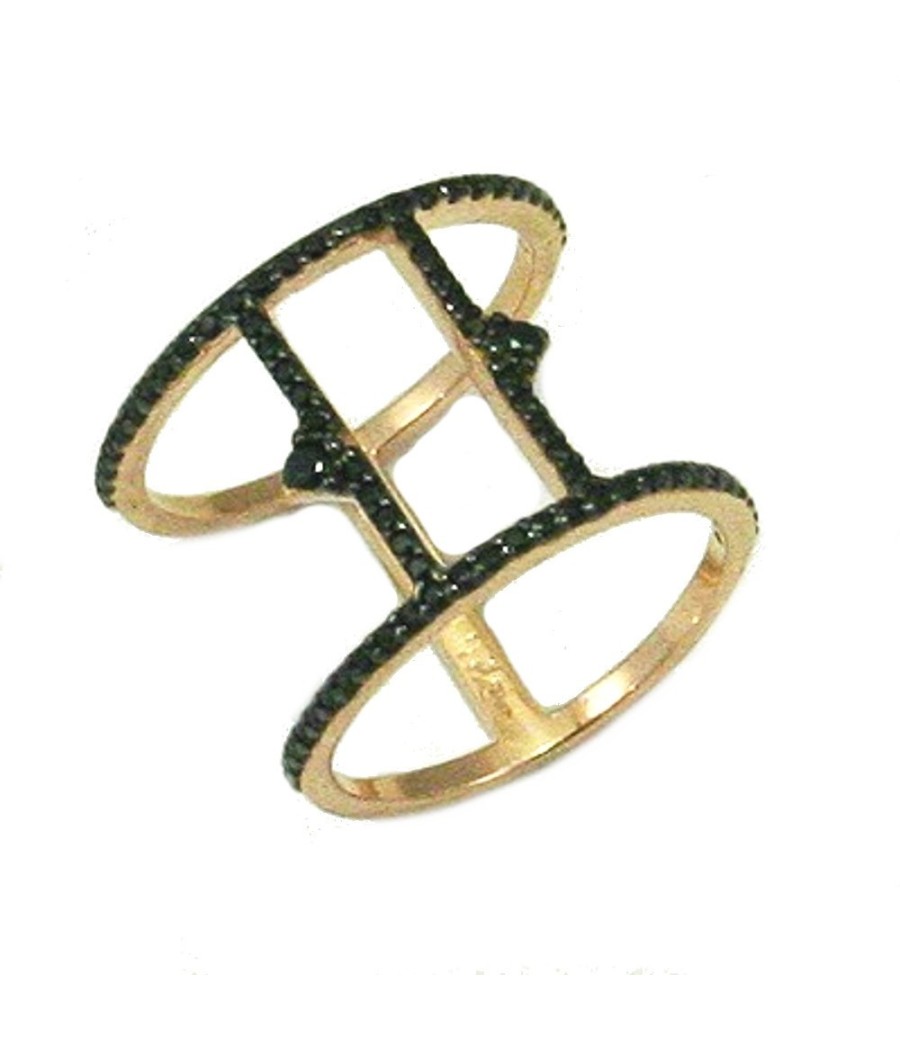 Silver double ring with rose gold plating and zircons in black color 