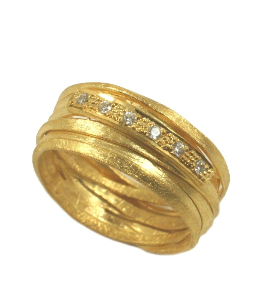 Handmade 14K gold satin ring with white zircon stones