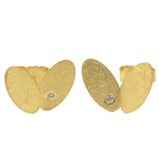 Earrings in satin gold K14 handmade with design leaves and zircons in white  EB261