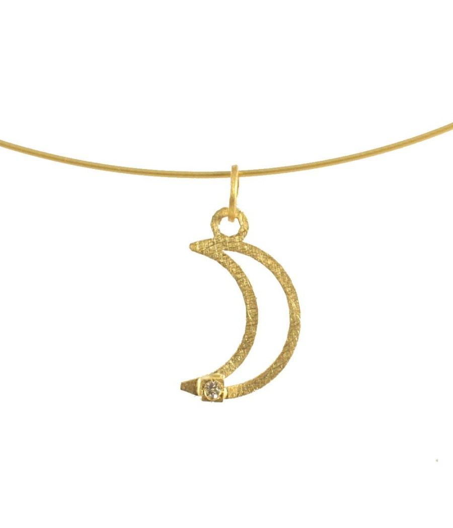 Handmade 14K satin gold moon pendant with natural white zircon stone