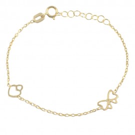 Children's bracelet in gold K9 with heart and bow designs BBLG301