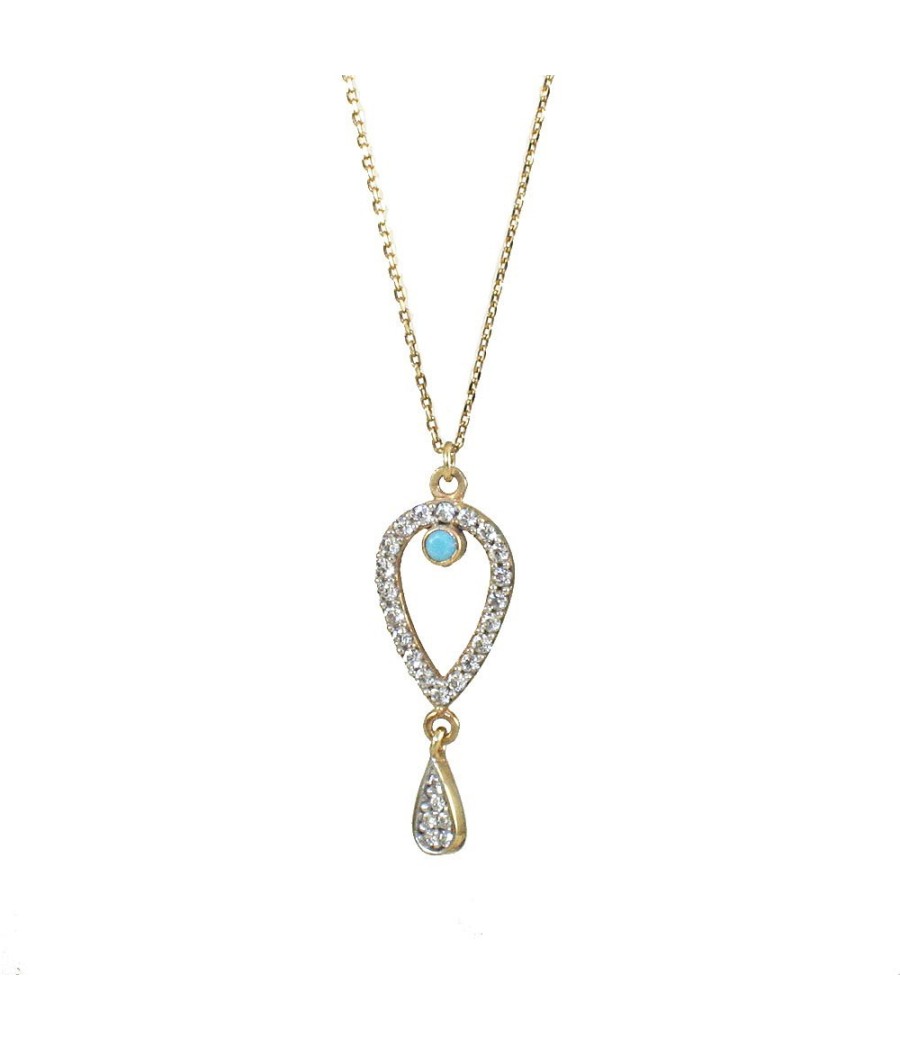 Gold necklace K9 with drop design and white zircons 12144D