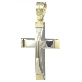Two-tone polished cross in gold and white gold K14 for baptism 31043
