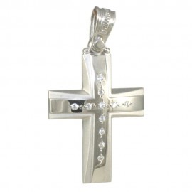 Cross in white gold K14 matt with polished Cross in the middle with natural zircons in white color 41548