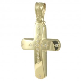 Cross in gold K14 polished with Cross design with natural zircons in white color for baptism 35548