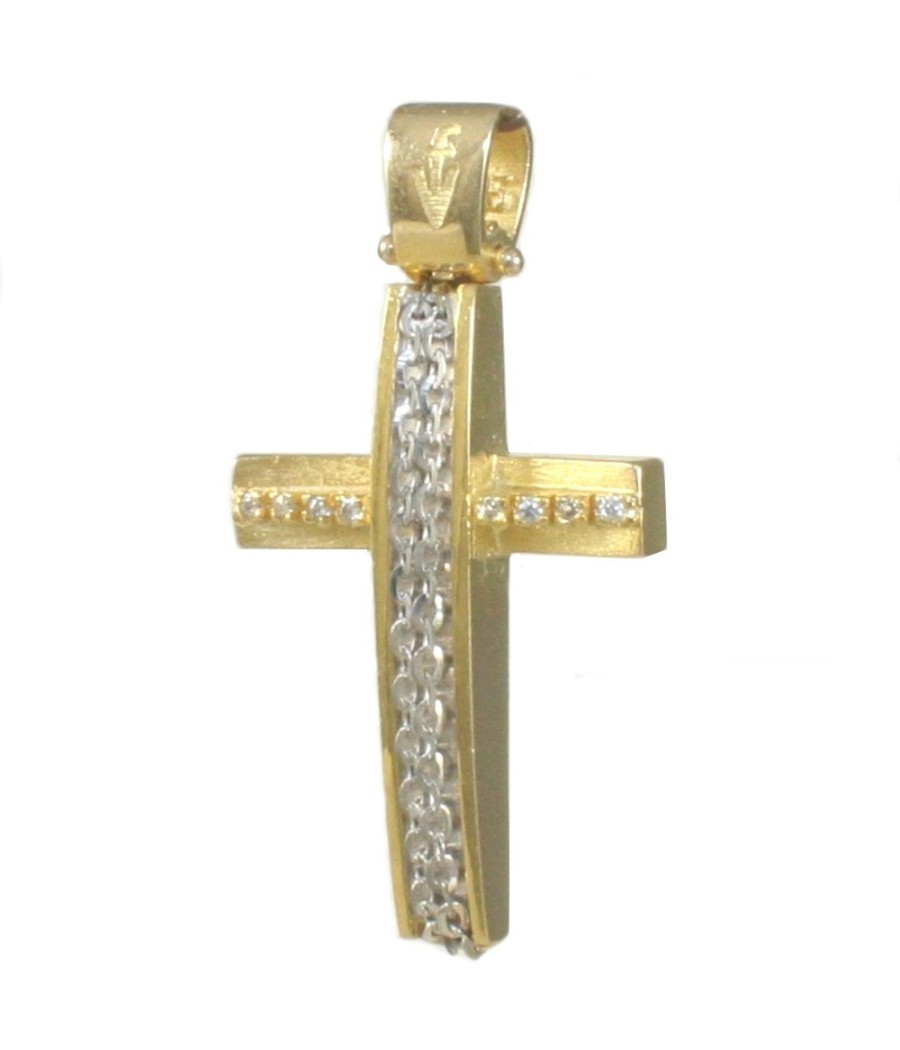 Cross pendant 14K satin gold with white gold and zirconia 4.30g