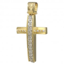 Cross in satin gold K14 with design in white gold and natural zircons in white color for baptism