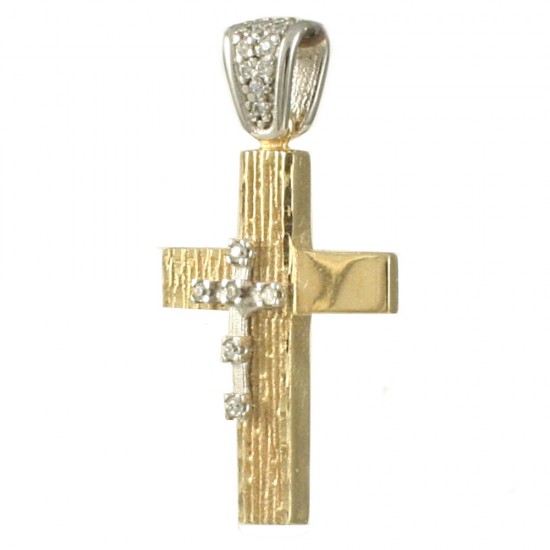 Σταυρός σε χρυσό Κ14 σφυρήλατος και λουστραρισμένος με σχέδιο Σταυρό σε λευκό χρυσό στην μέση στολισμένο με φυσικά ζιρκόνια 