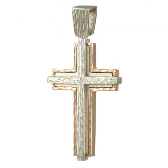 Cross in rose gold K14 polished and design with Cross in white gold forged for baptism