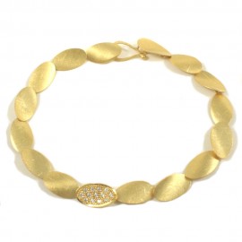 Bracelet in satin gold K14 handmade with design of tree leaves and natural zircons BB67