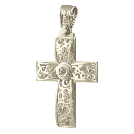 Cross in white gold K14 with design in matt white and natural zircons in white color for baptism