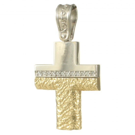Cross in gold K14 forged with design in white gold and natural zircons in white color