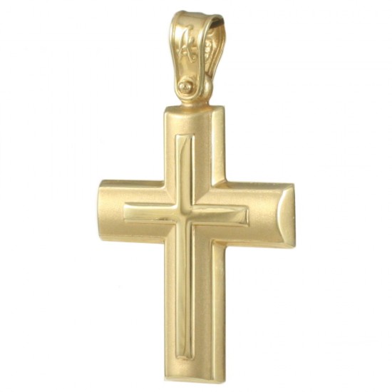 Σταυρός σε ματ χρυσό Κ14 και σχέδιο με λουστραρισμένο Σταυρό στην μέση για βάπτιση