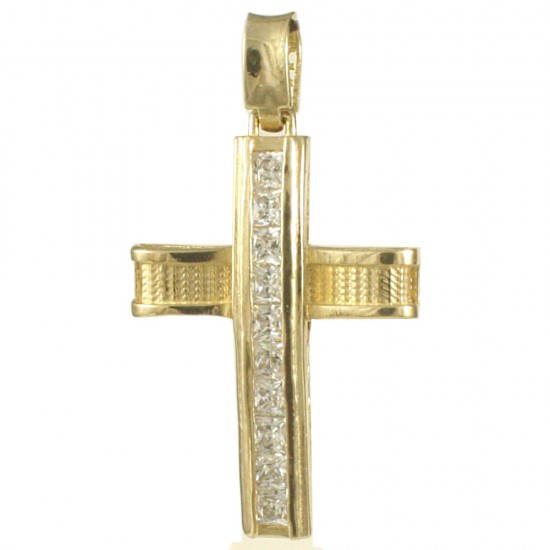 Σταυρός σε χρυσό Κ14 με σχέδιο στις δύο όψεις και φυσικά ζιρκόνια σε λευκό χρώμα για βάπτιση