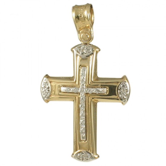 Σταυρός σε χρυσό Κ14 λουστραρισμένος με σχέδιο Σταυρού στην μέση με φυσικά ζιρκόνια σε λευκό χρώμα για βάπτιση