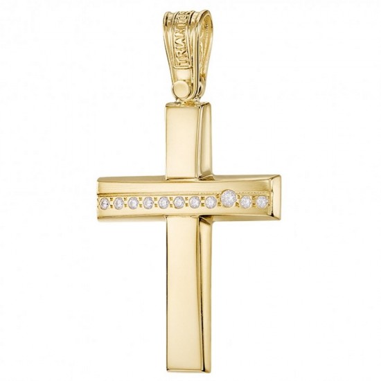 Cross in gold K14 polished and natural zircons in white color for baptism 26048