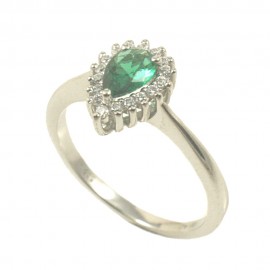 Ring in white gold K14 rosette with pear design with natural zircons in white and green color 26143