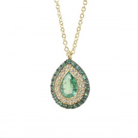 Necklace in 18 K gold with a drop design with natural emeralds and diamonds N0989