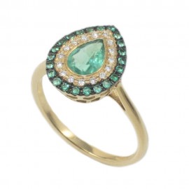 Ring in 18K gold with drop design with natural emeralds and diamonds R0989