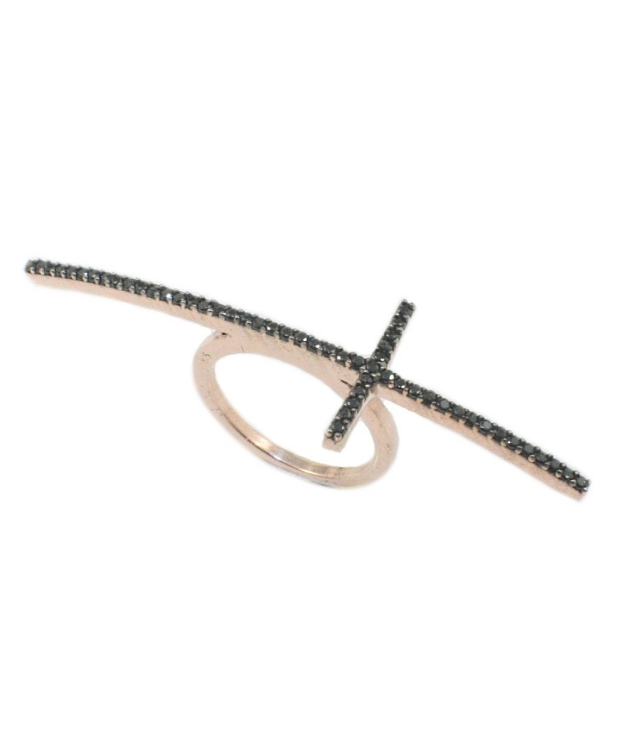 Silver ring with cross design with black zircons and rose gold plating