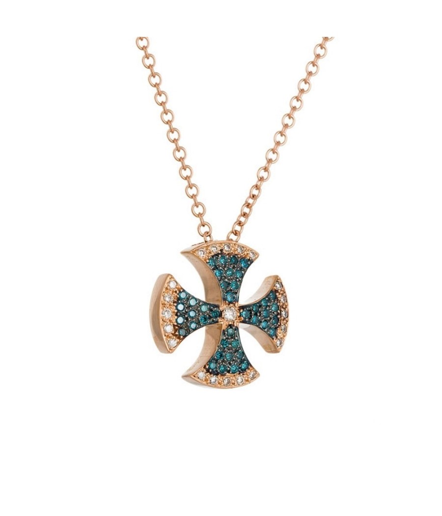 18K rose gold necklace with Maltese Cross and natural blue & white diamonds