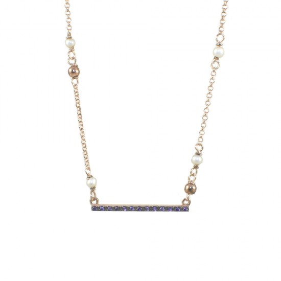 Silver necklace 925 with bar of amethyst color zircons, pearls 