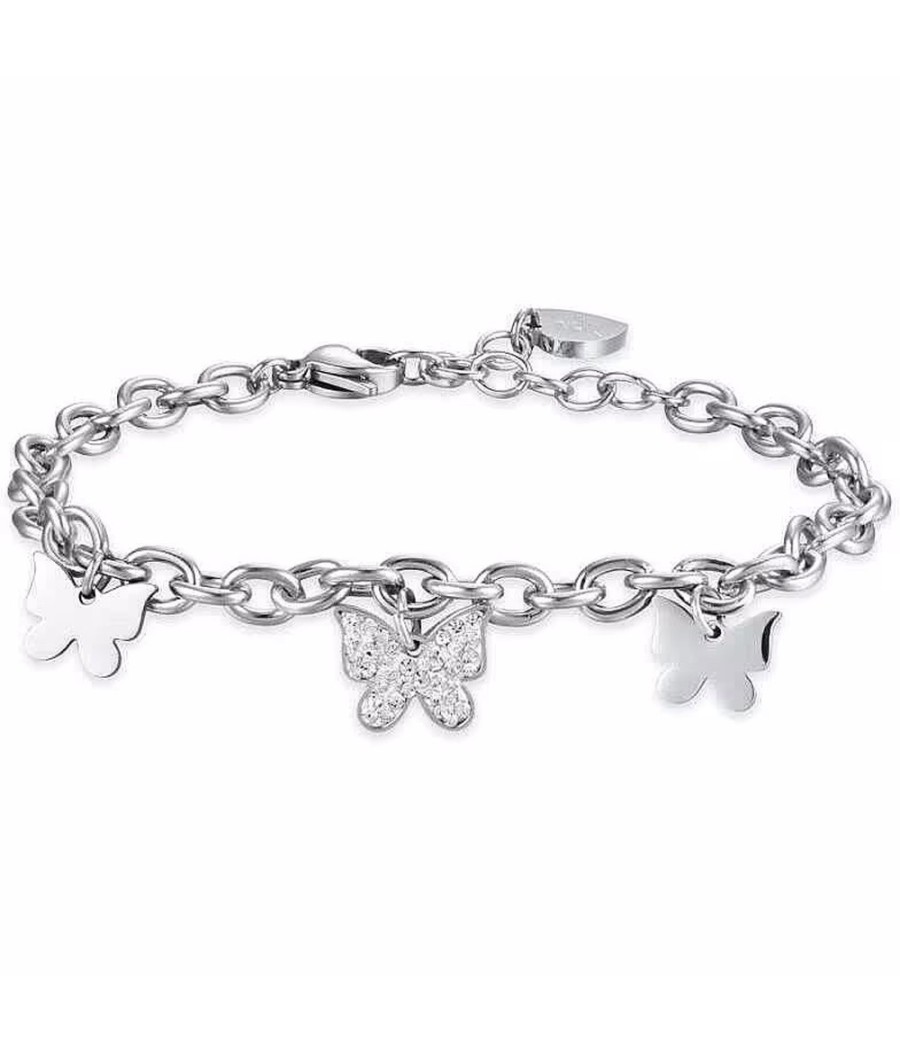 Silver stainless steel bracelet with butterflies and crystals
