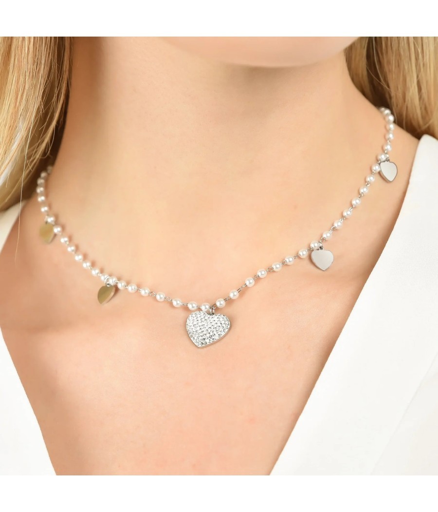 Women's necklace with hearts with white crystals and white pearls CK1847