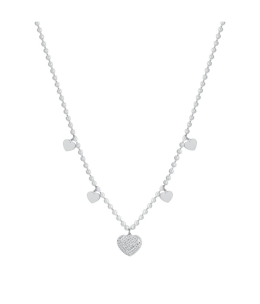 Heart necklace with pearls and white crystals in stainless steel