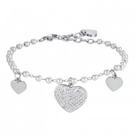 Women's bracelet with hearts with white crystals and pearls in white  BK2438