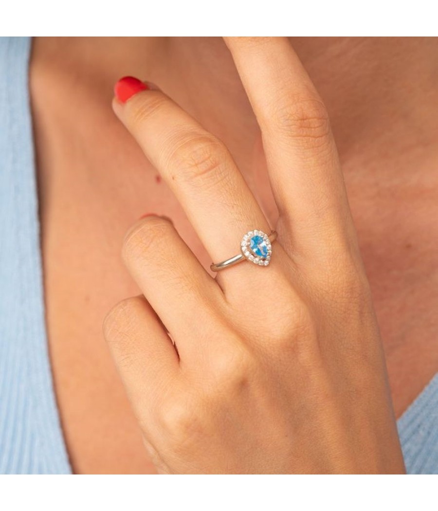 Sterling silver 925 drop rosette ring with natural white zircons and aquamarine color  D-46-AQUA