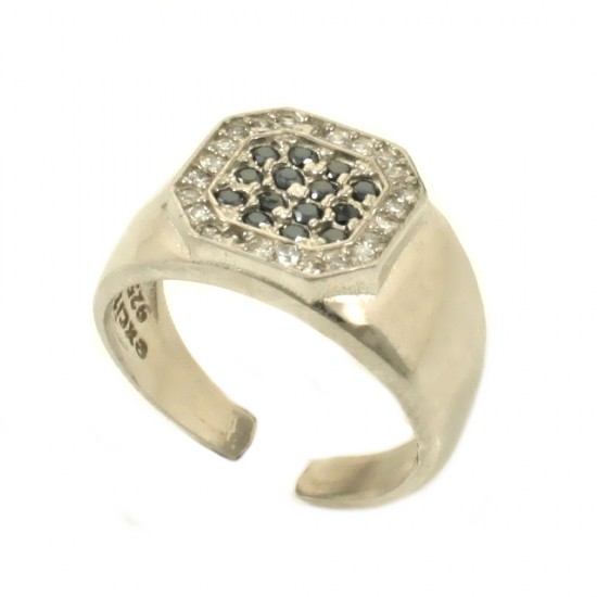 Silver chevalier ring 925 with natural zircons in white and black color   D-77