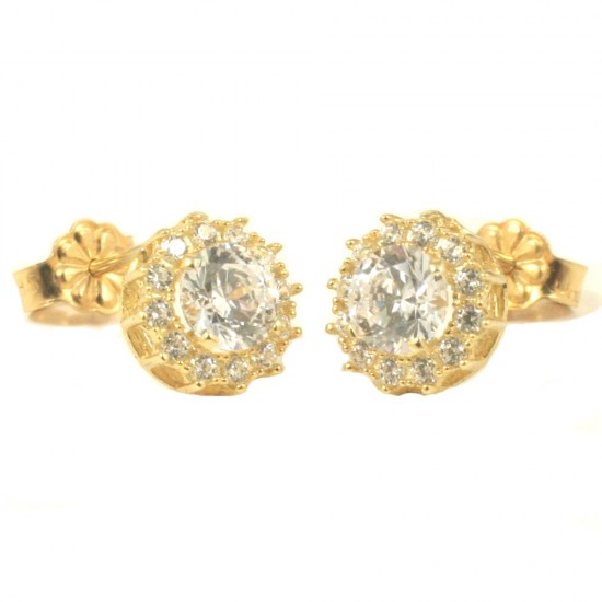 Earrings in K14 gold round rosettes with natural zircons in white color  140140