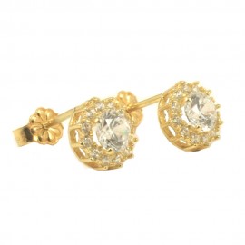 Earrings in K14 gold round rosettes with natural zircons in white color  140140
