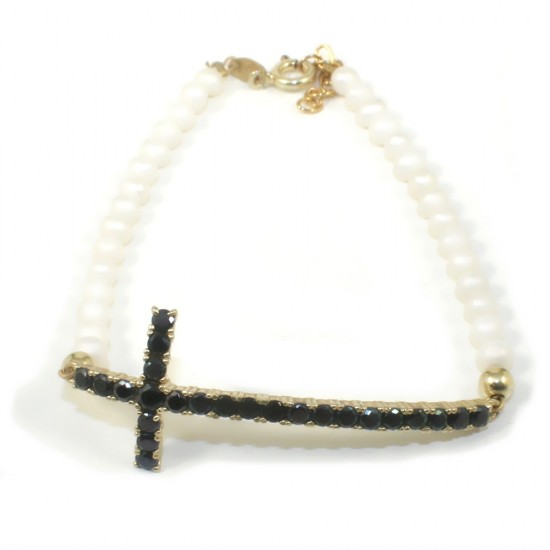 Silver 925 bracelet with Cross design gold-plated with black zircons and synthetic pearlsircons and pearls