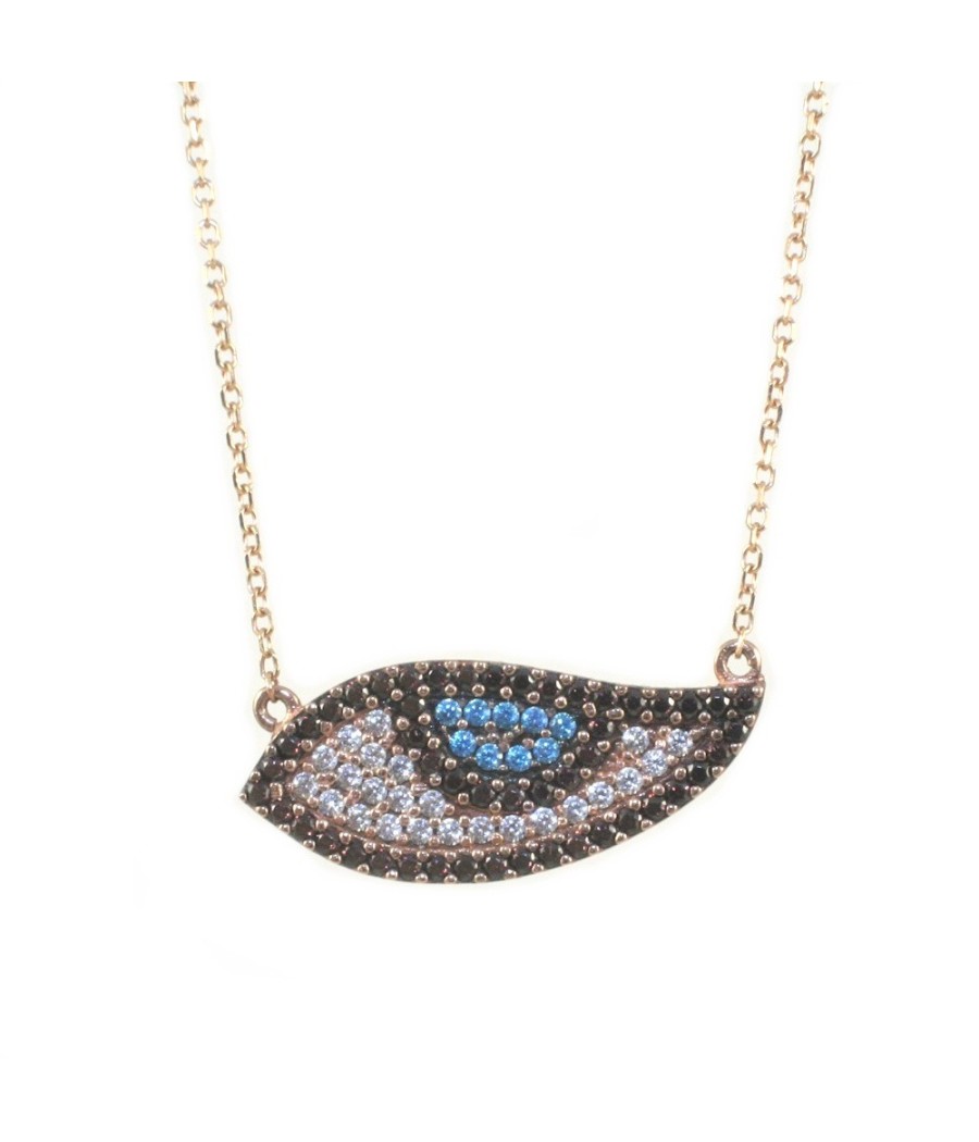 Rose gold 9K necklace with eye motif and multicolor zircon stones
